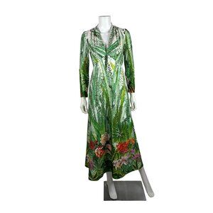 Vintage 70s Tropical Dress Womens XS Deep V Green Botanical Maxi Empire Bust